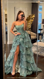 Blue Strapless A-Line Sequins Lace Layers Long Prom Dress HZ0319