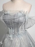 Grey Off Shoulder A-Line Tulle Long Formal Prom Dress HZ0319