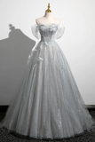 Grey Off Shoulder A-Line Tulle Long Formal Prom Dress HZ0319