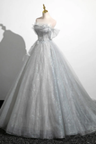 Grey Off Shoulder A-Line Tulle Long Formal Prom Dress HZ0319