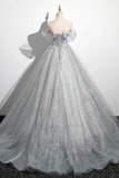 Grey Off Shoulder A-Line Tulle Long Formal Prom Dress HZ0319