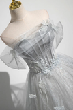 Grey Off Shoulder A-Line Tulle Long Formal Prom Dress HZ0319