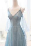 Shiny Blue V Neck Spaghetti Straps A-Line Tulle Long Prom Dress HZ0319