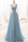 Shiny Blue V Neck Spaghetti Straps A-Line Tulle Long Prom Dress HZ0319