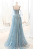 Shiny Blue V Neck Spaghetti Straps A-Line Tulle Long Prom Dress HZ0319