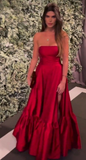 Red Strapless A-Line Satin Elegant Long Party Dress HZ0319