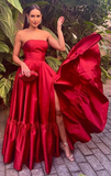 Red Strapless A-Line Satin Elegant Long Party Dress HZ0319