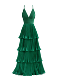 Green V Neck A-Line Cross Back Tiered Long Prom Dress HZ0319