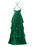 Green V Neck A-Line Cross Back Tiered Long Prom Dress HZ0319