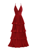 Burgundy V Neck A-Line Cross Back Tiered Long Prom Dress HZ0319