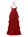 Burgundy V Neck A-Line Cross Back Tiered Long Prom Dress HZ0319