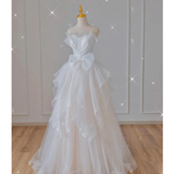 White Strapless A-Line Ruffles Long Prom Dress Birthday Gowns HZ0319
