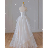 White Strapless A-Line Ruffles Long Prom Dress Birthday Gowns HZ0319