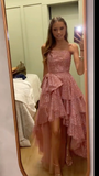 Shiny Pink Strapless A-Line High-Low Party Dress Birthday Gowns HZ0319