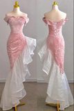 Pink Off the Shoulder Mermaid Prom Gown with Sequins, Sparkly Formal Dresses HZ0319