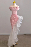 Pink Off the Shoulder Mermaid Prom Gown with Sequins, Sparkly Formal Dresses HZ0319