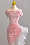Pink Off the Shoulder Mermaid Prom Gown with Sequins, Sparkly Formal Dresses HZ0319