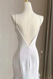 White Mermaid Prom Gown with Ruffles, Spaghetti Straps Backless Dress HZ0319