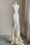 White Mermaid Prom Gown with Ruffles, Spaghetti Straps Backless Dress HZ0319