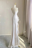 White Mermaid Prom Gown with Ruffles, Spaghetti Straps Backless Dress HZ0319