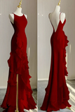 Wine Red Mermaid Prom Gown with Ruffles, Spaghetti Straps Backless Dress HZ0319