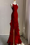 Wine Red Mermaid Prom Gown with Ruffles, Spaghetti Straps Backless Dress HZ0319