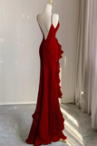 Wine Red Mermaid Prom Gown with Ruffles, Spaghetti Straps Backless Dress HZ0319