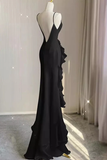 Black Mermaid Prom Gown with Ruffles, Spaghetti Straps Backless Dress HZ0319