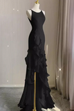 Black Mermaid Prom Gown with Ruffles, Spaghetti Straps Backless Dress HZ0319