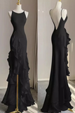 Black Mermaid Prom Gown with Ruffles, Spaghetti Straps Backless Dress HZ0319