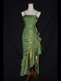 Grass Green Vintage Floral Dress Asymmetrical Hem Prom Dress HZ0319