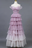 Ombre Spaghetti Straps Tiered A-Line Formal Dress Princess Long Prom Gown HZ0319