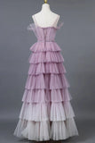 Ombre Spaghetti Straps Tiered A-Line Formal Dress Princess Long Prom Gown HZ0319