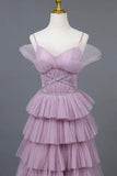 Ombre Spaghetti Straps Tiered A-Line Formal Dress Princess Long Prom Gown HZ0319