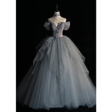 Off Shoulder Fluffy Ball Gown Blue Gray Tulle Formal Dress Evening Gown HZ0319