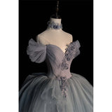 Off Shoulder Fluffy Ball Gown Blue Gray Tulle Formal Dress Evening Gown HZ0319