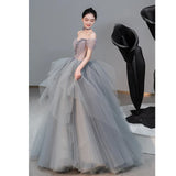 Off Shoulder Fluffy Ball Gown Blue Gray Tulle Formal Dress Evening Gown HZ0319