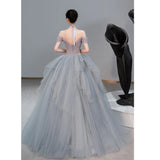Off Shoulder Fluffy Ball Gown Blue Gray Tulle Formal Dress Evening Gown HZ0319