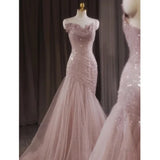 Pink Shiny Tulle Mermaid Prom Dress Fairy Formal Evening Dress HZ0319