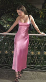 Spaghetti Strap Pink Long Prom Dress Satin Formal Evening Gown HZ0319