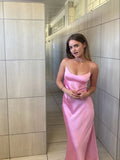 Spaghetti Strap Pink Long Prom Dress Satin Formal Evening Gown HZ0319