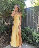 Spaghetti Straps Yellow Long Sheath Prom Dress With Slit HZ0319