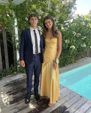 Spaghetti Straps Yellow Long Sheath Prom Dress With Slit HZ0319