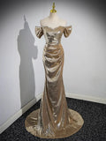 Gold Off-shoulder Sequin Mermaid Long Evening Dress with Train HZ0319