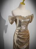Gold Off-shoulder Sequin Mermaid Long Evening Dress with Train HZ0319