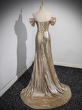 Gold Off-shoulder Sequin Mermaid Long Evening Dress with Train HZ0319