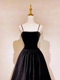 A Line Black Velvet Long Prom Dress Beaded Birthday Party Dress HZ0319