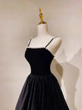 A Line Black Velvet Long Prom Dress Beaded Birthday Party Dress HZ0319
