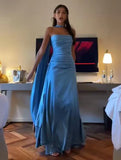 Strapless Blue A Line Satin Long Prom Dress Formal Party Dress HZ0319