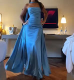 Strapless Blue A Line Satin Long Prom Dress Formal Party Dress HZ0319